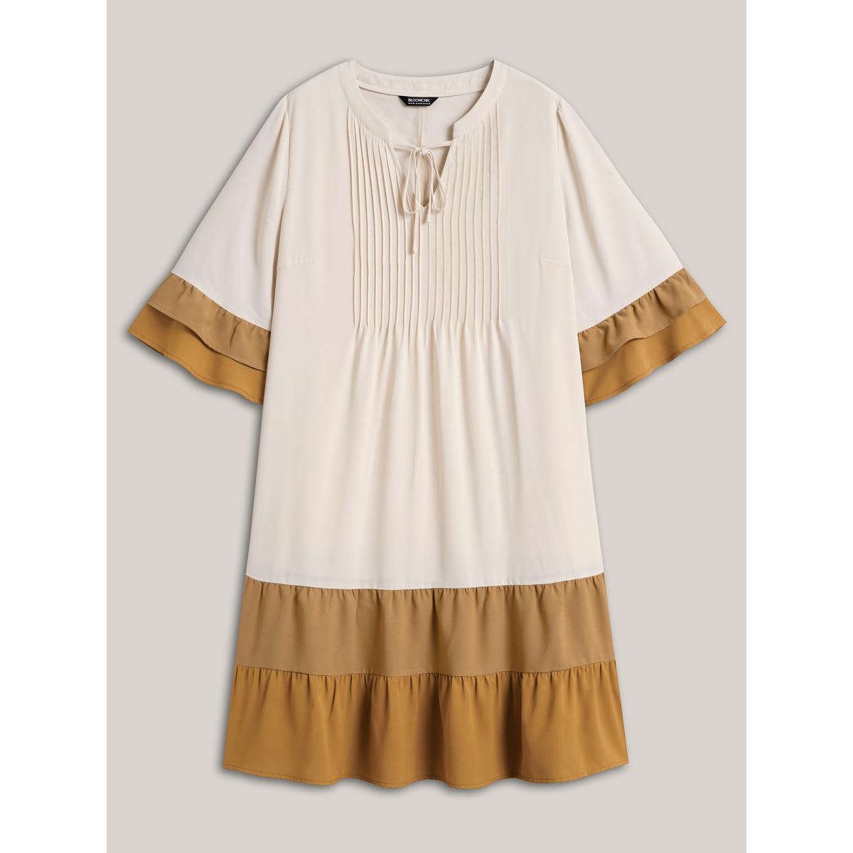 Plus Size Color Block Neck-Tie Tiered Midi Dress Multicolor Women Casual Tucked seam Notched collar Elbow-length sleeve Curvy BloomChic 14-16/1X Product Image