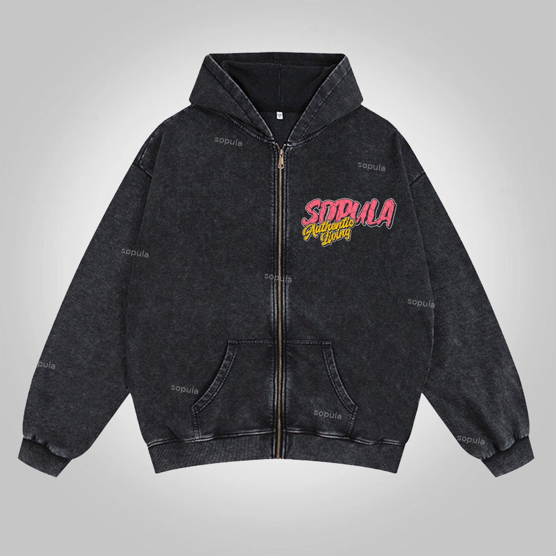 Sopula Faith In Jesus Collage Vintage Graphics Acid Washed Oversized Zip-Up Hoodie Product Image