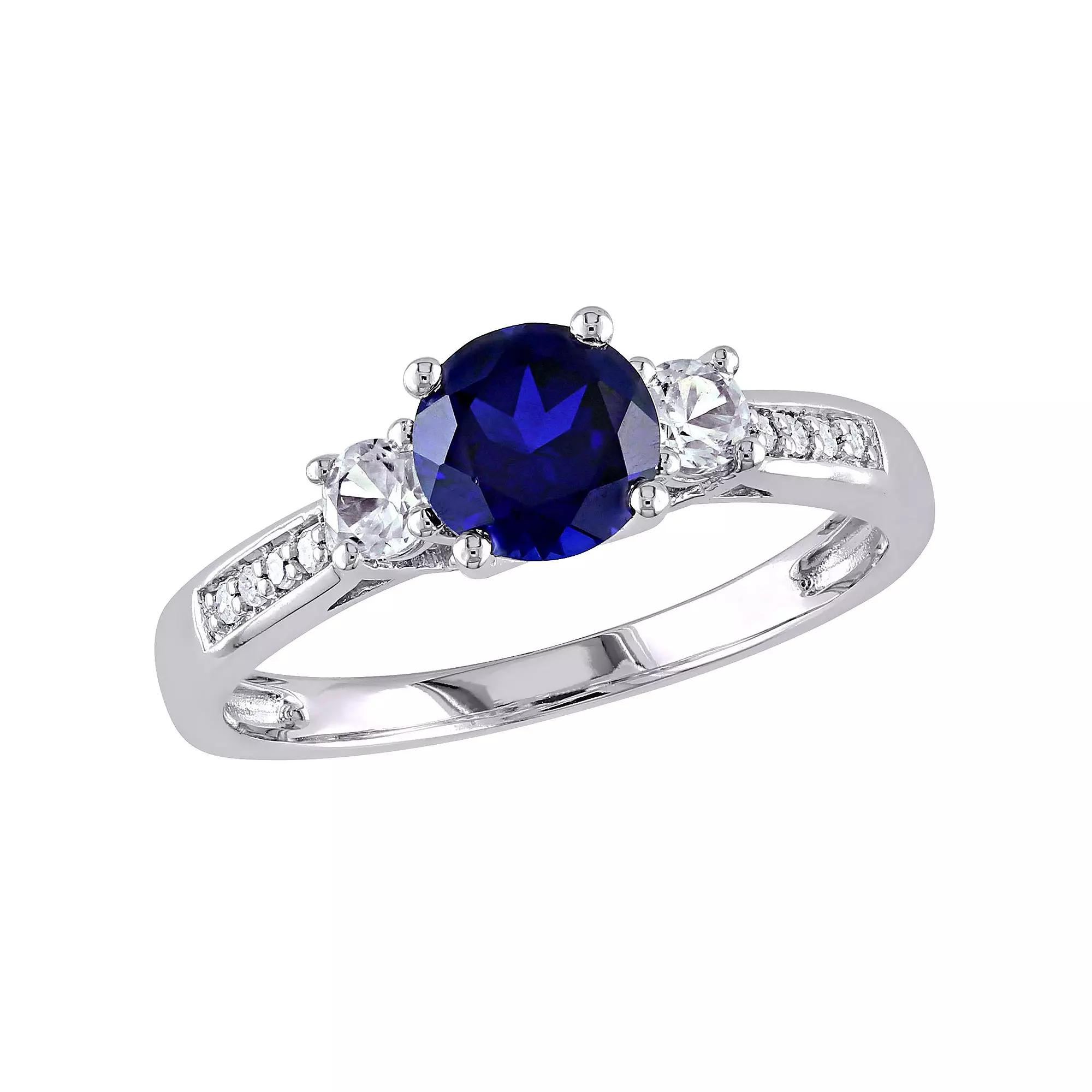 Stella Grace 10k White Gold Lab-Created Blue and White Sapphire and Diamond Accent 3-Stone Ring, Womens Product Image