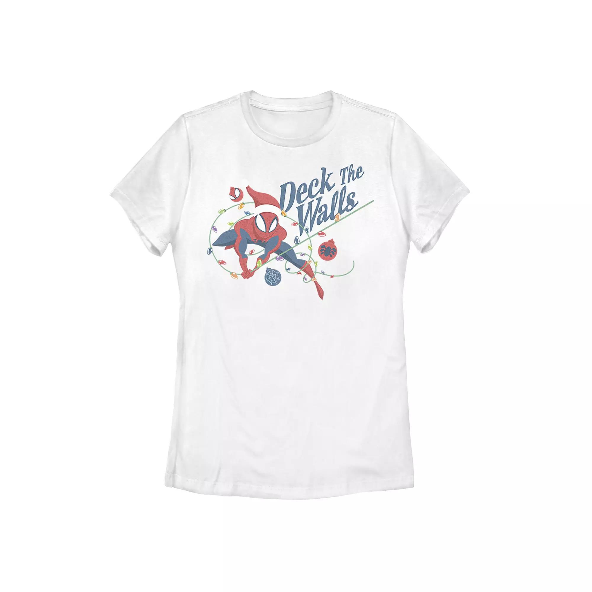 Juniors' Marvel Spider-Man "Deck the Walls" Christmas Graphic Tee, Girl's, Size: XL, White Product Image