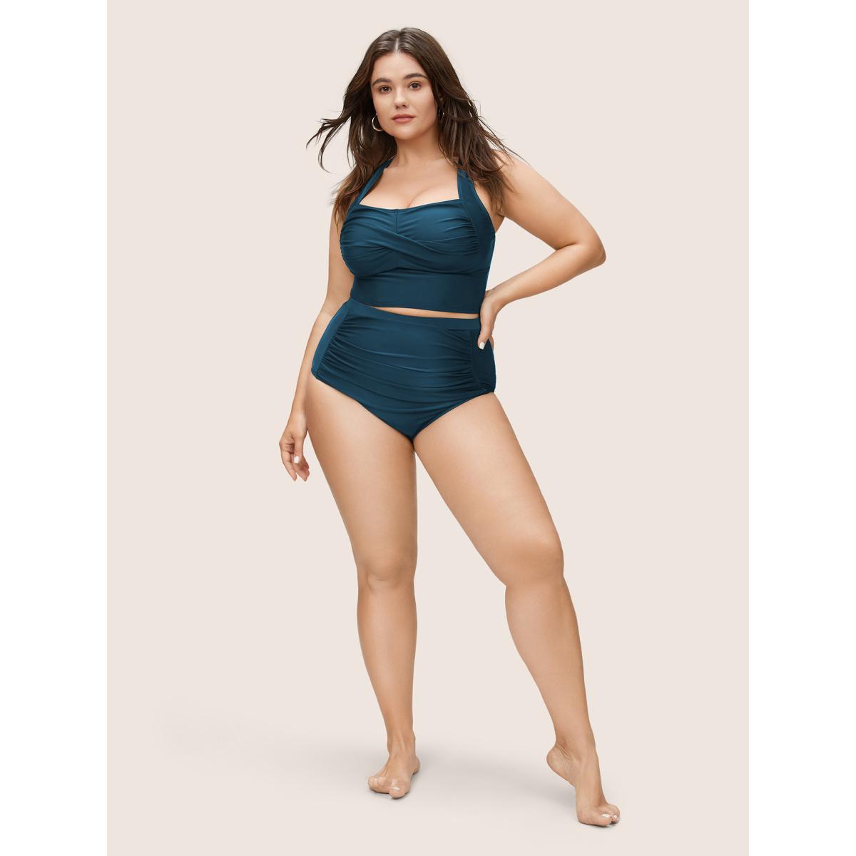 Plus Size Solid Crossover Square Neck Adjustable Straps Swim Top Women's Swimwear Cyan Resort Twist High stretch Skinny Square Neck Curve Swim Tops BloomChic 12/L Product Image