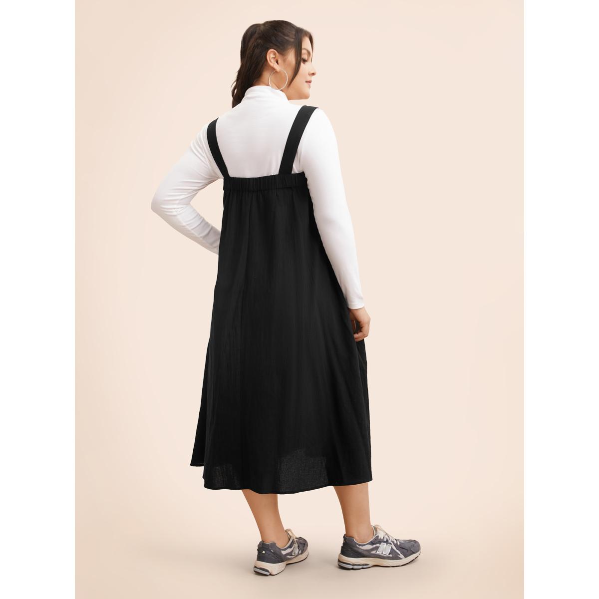 Plus Size Solid Gathered Adjustable Straps Overall Dress Black Women Casual Non Non Sleeveless Curvy BloomChic 30/6X Product Image