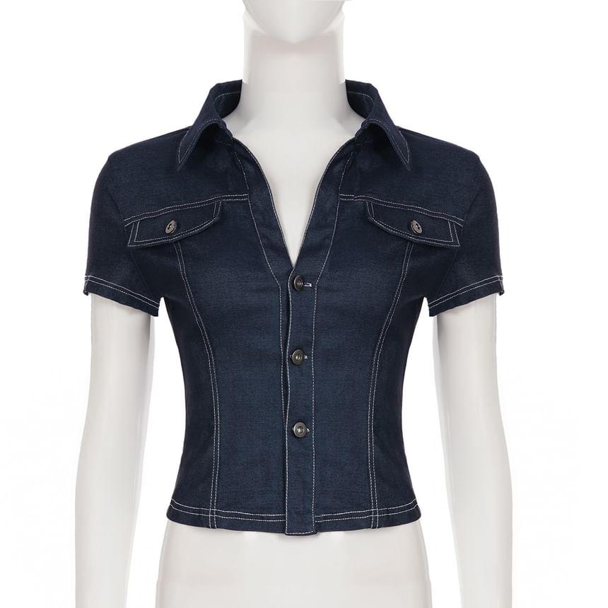 Short-Sleeve V-Neck Contrast Stitching Denim Crop Slim Fit Shirt Product Image