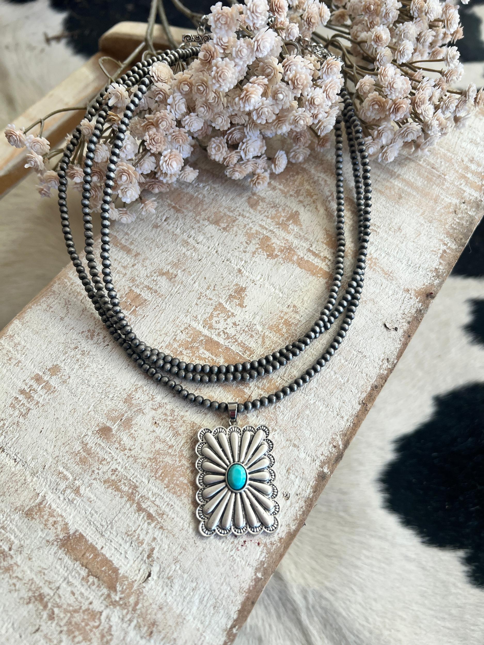 Triple Strand Rectangular Concho Navajo Beaded Necklace Product Image