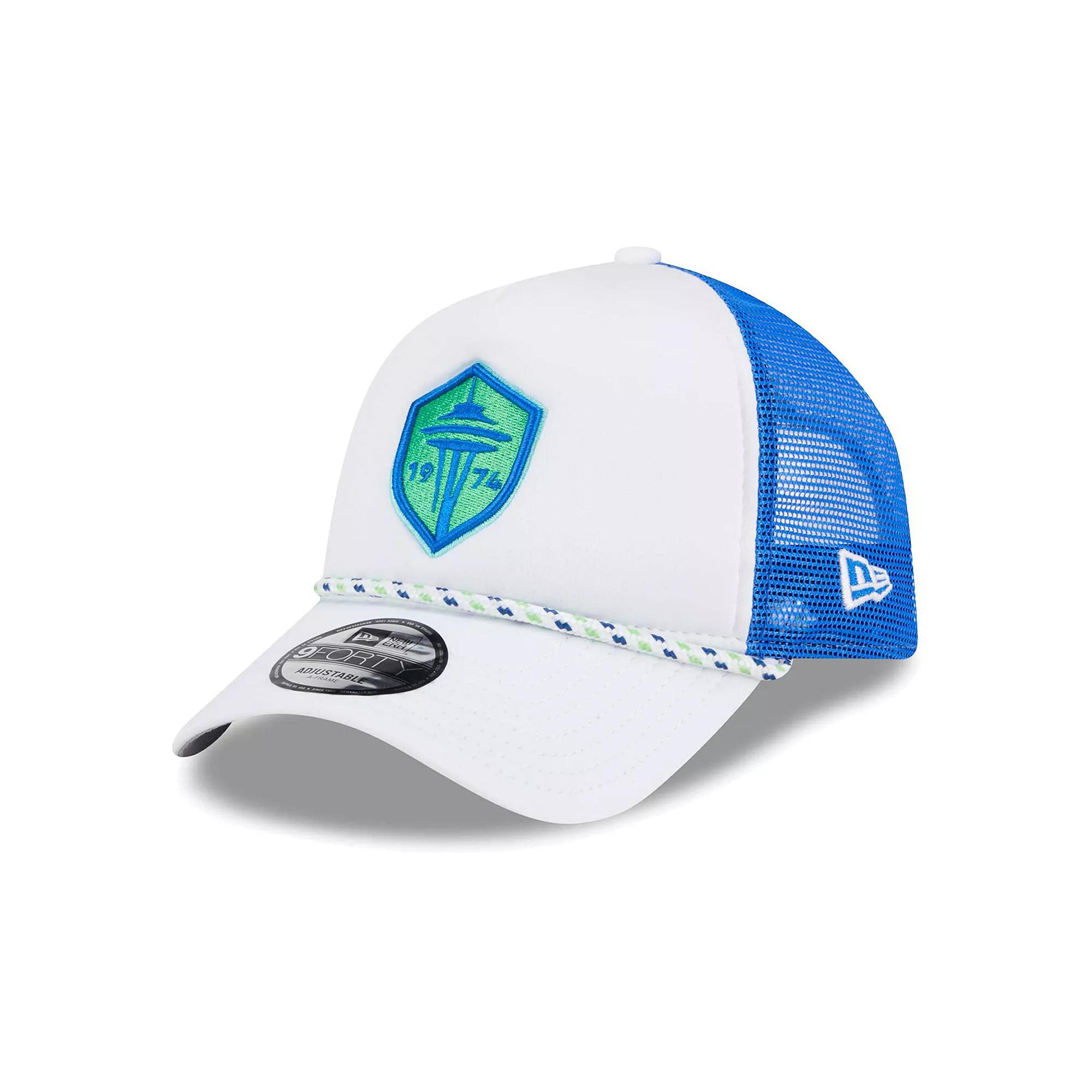 Men's New Era White/Blue Seattle Sounders FC Court Sport Foam A-Frame 9FORTY Adjustable Trucker Hat Product Image