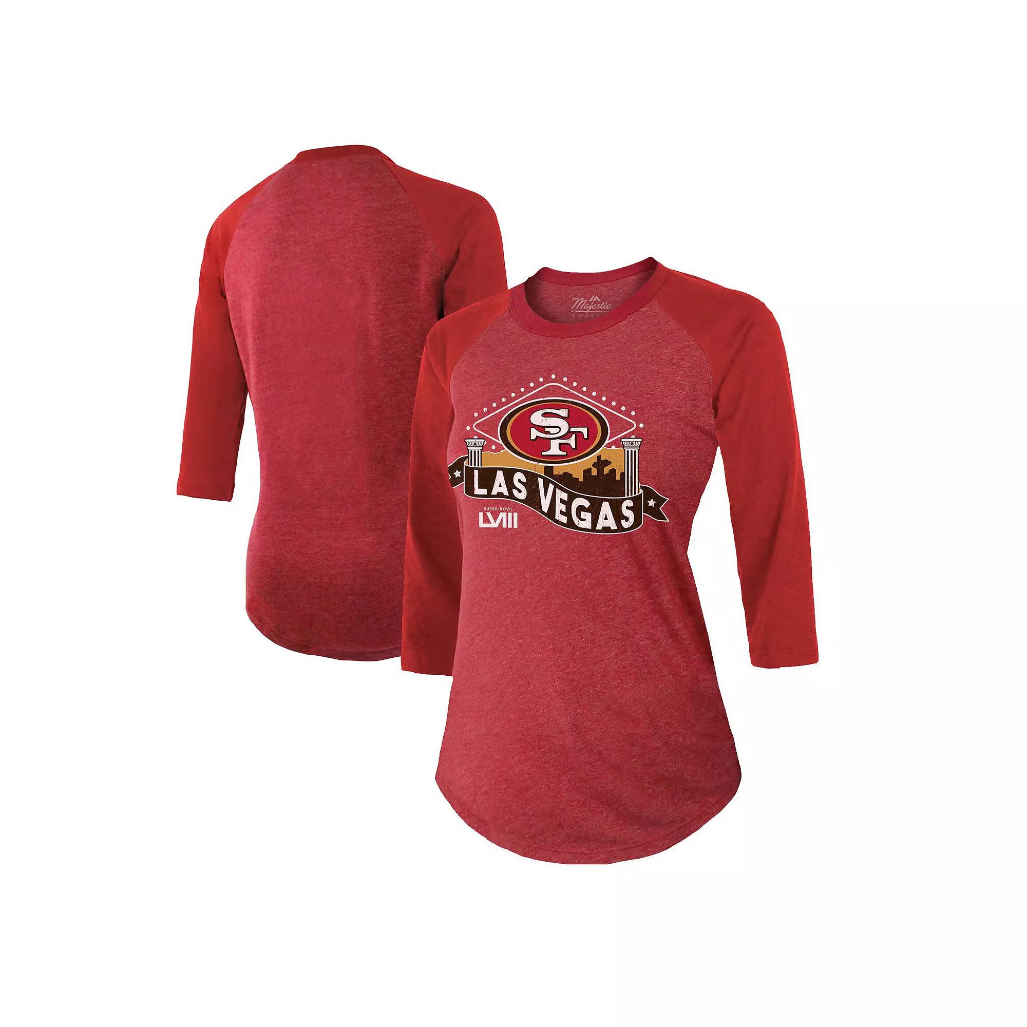 Women's Majestic Threads  Scarlet San Francisco 49ers Super Bowl LVIII Vegas Raglan 3/4-Sleeve Tri-Blend T-Shirt, Size: Large, Red Product Image