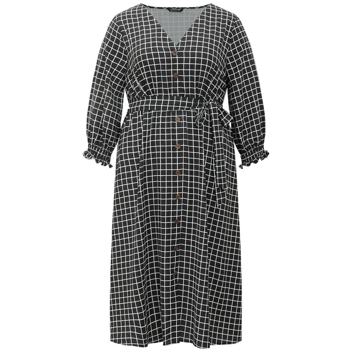 Plus Size Gingham Button Detail Pocket Lantern Sleeve Dress Black Women At the Office Belted V-neck Long Sleeve Curvy Midi Dress BloomChic 30/6X Product Image