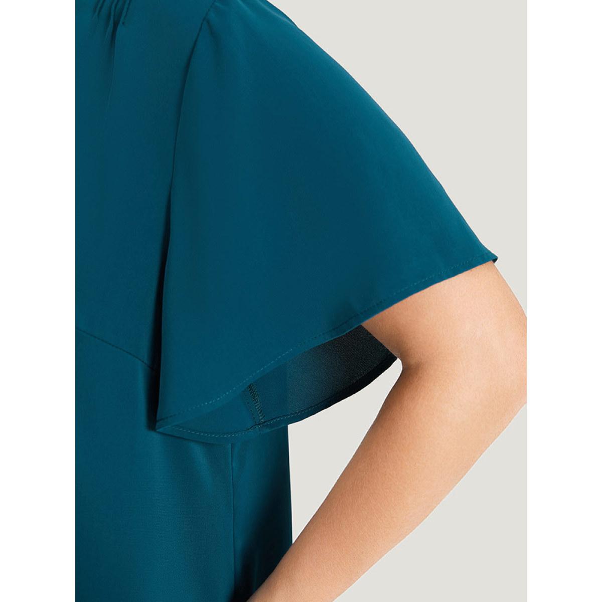Plus Size Cyan Plain Cut Out Flutter Sleeve Pleated Blouse Women Office Short sleeve V-neck Work Blouses BloomChic 26/4X Product Image