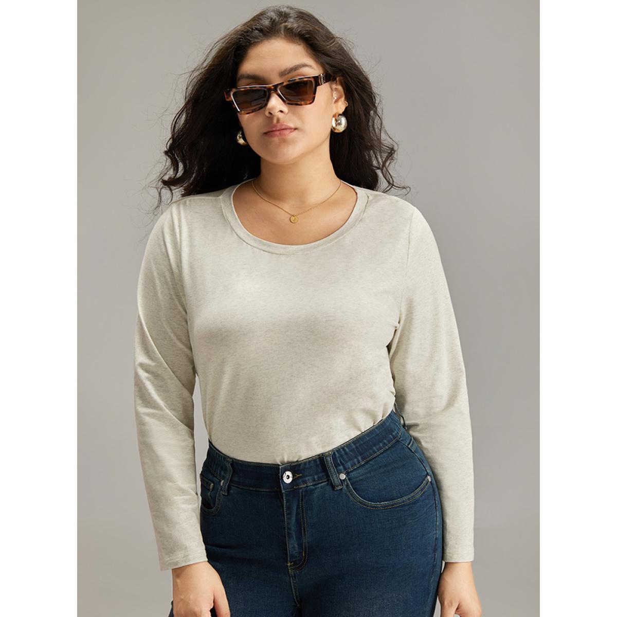 Plus Size Cotton Heather Long Sleeve T-shirt LightGray Women Casual Plain Plain Round Neck Dailywear T-shirts BloomChic 10/M Product Image