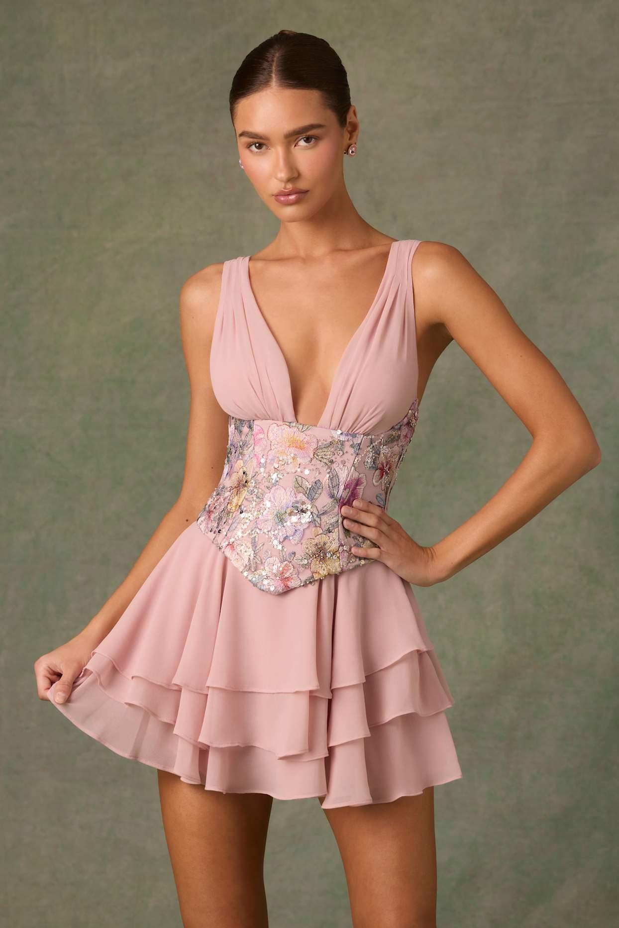 Embellished Ruffled Corset Mini Dress in Floral Pink Product Image