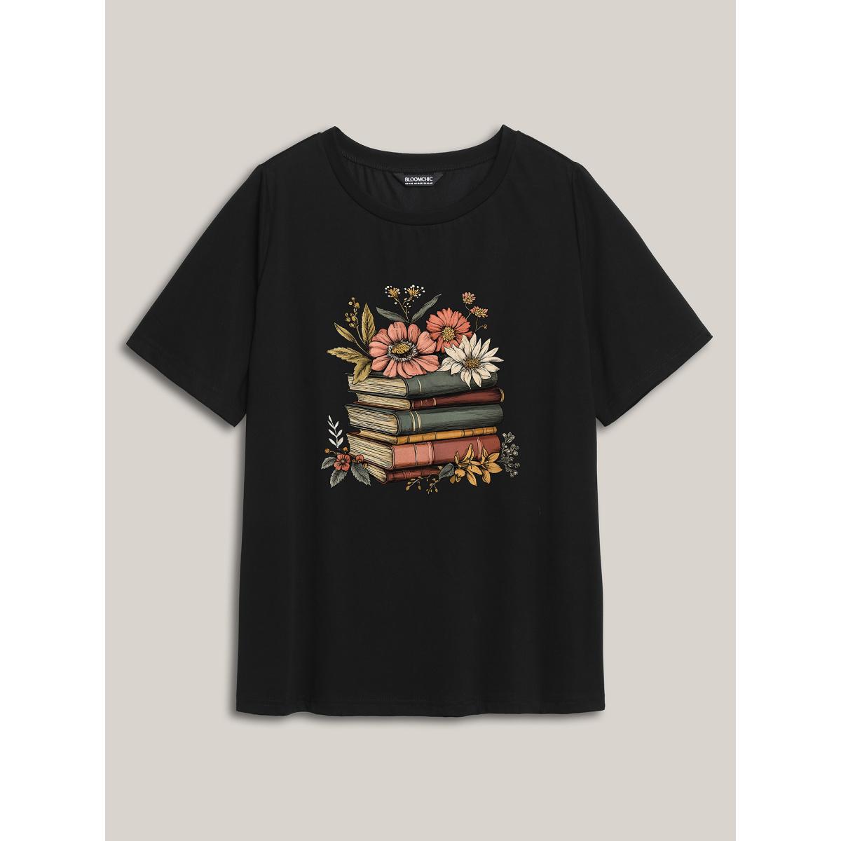 Plus Size Bookish Florals Print Round Neck T-Shirt Black Women Leisure Non Natural Flowers Round Neck Casual T-shirts BloomChic 12/L Product Image