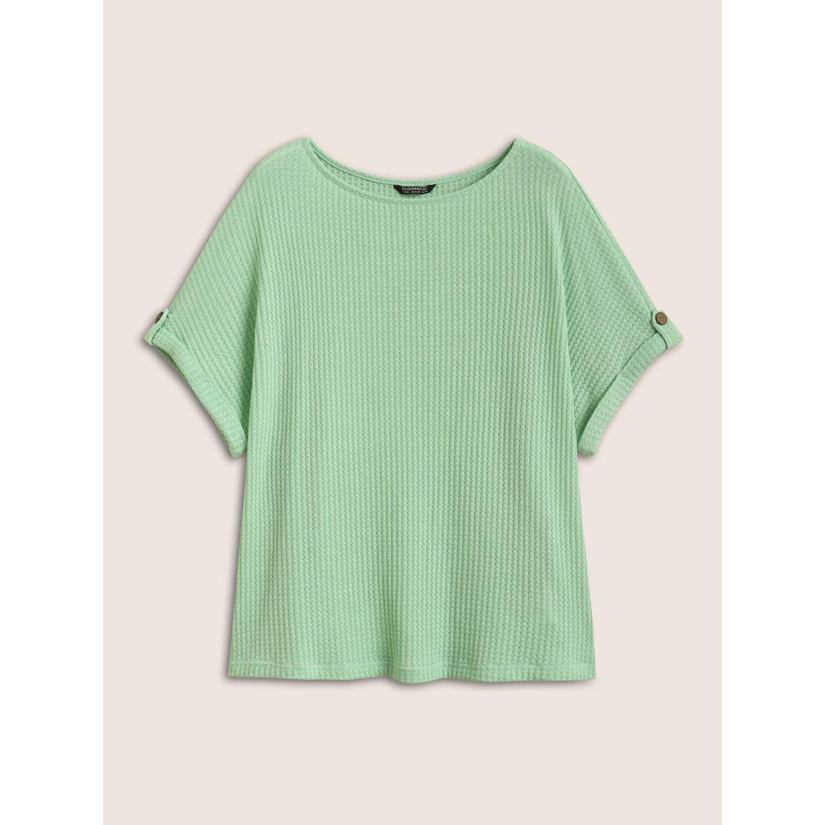 Plus Size Plain Waffle Knit Button Cuff Sleeve T-shirt LightGreen Women Casual Texture Boat Neck Everyday T-shirts BloomChic 18-20/2X Product Image