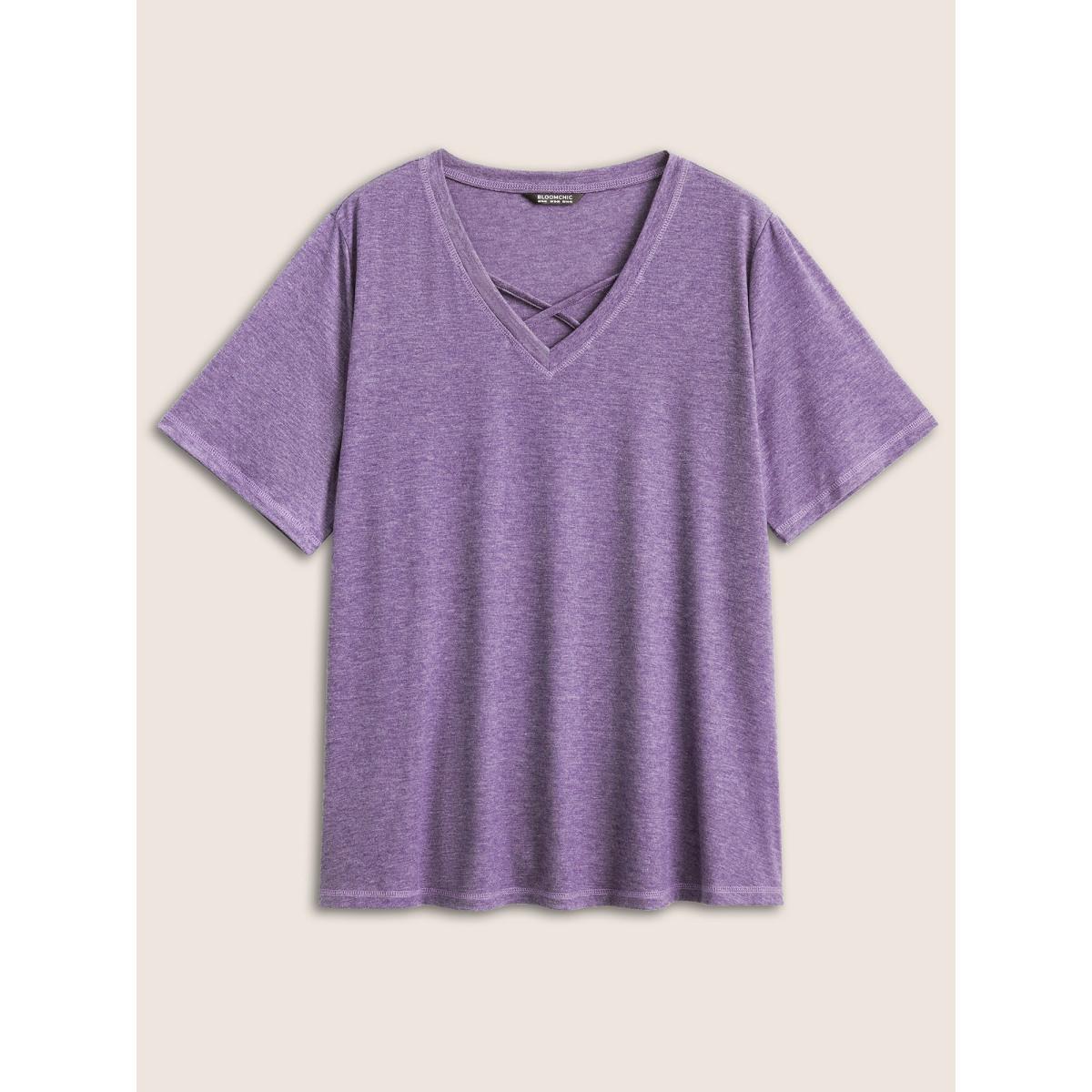 Plus Size Solid Crisscross Neck Contrast Stitch T-shirt Mauve Women Leisure Plain V-neck Casual T-shirts BloomChic 14-16/1X Product Image