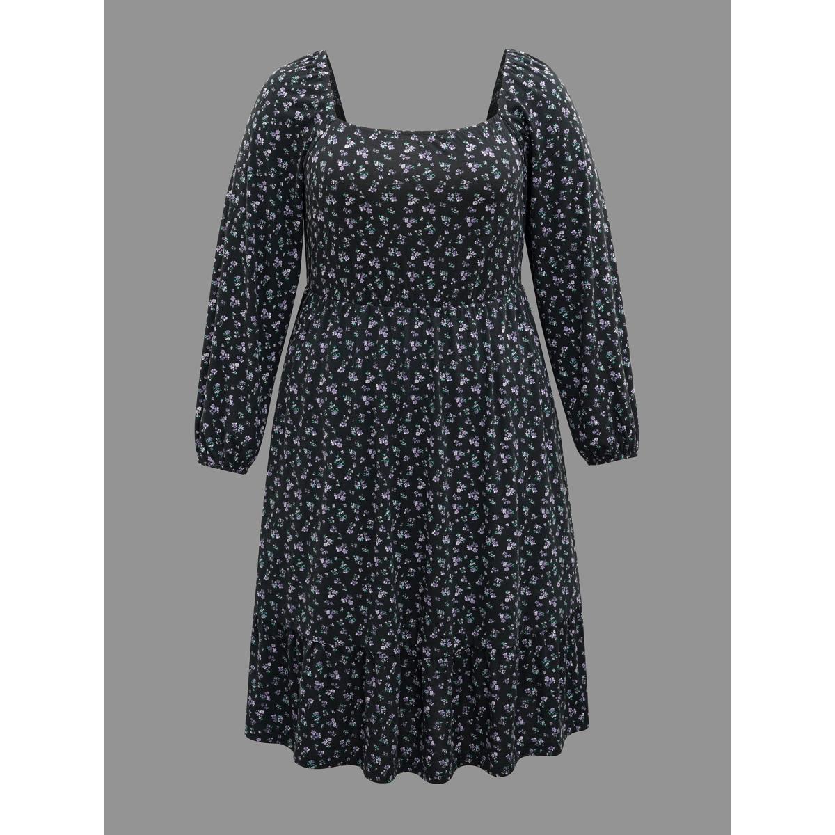 Plus Size Square Neck Ditsy Floral Elastic Waist Dress BlackFlower Women Elegant Non Knit Dresses Bloomchic 14-16/1X Product Image