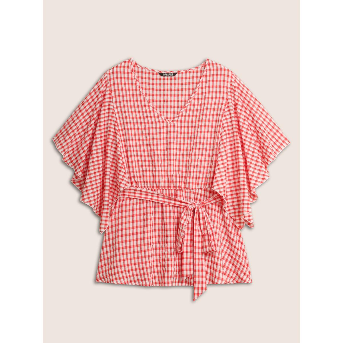 Plus Size Crimson V Neck Gingham Tie Knot Ruffles Blouse Women Casual Elbow-length sleeve V-neck Everyday Blouses BloomChic 12/L Product Image