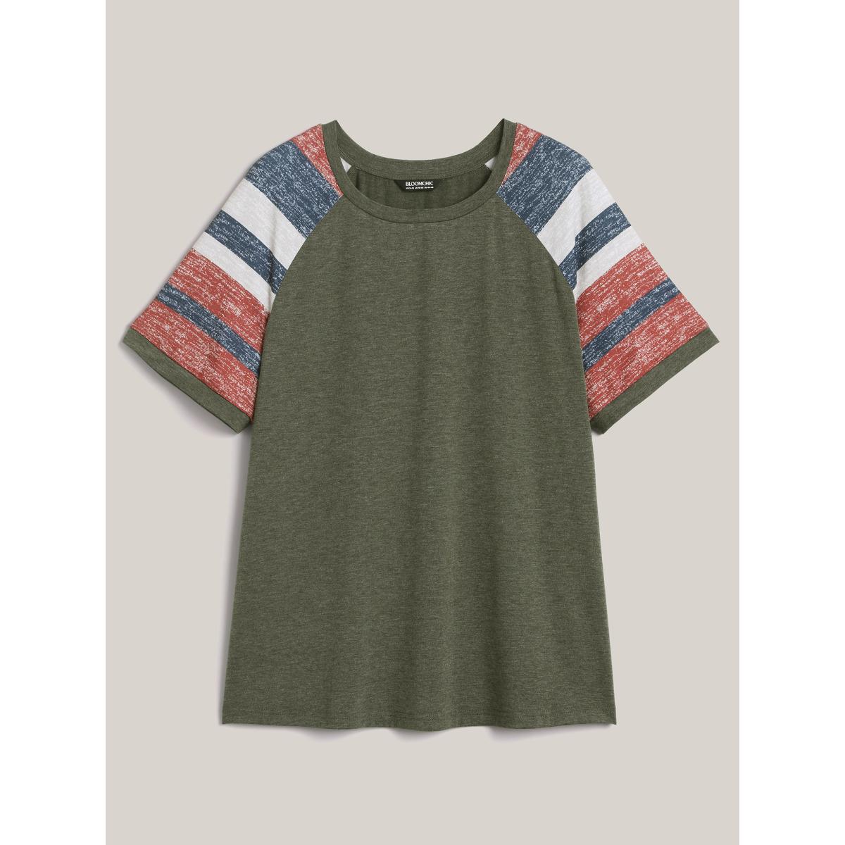 Plus Size Striped Raglan Sleeve Plain T-Shirt ArmyGreen Women Leisure Contrast Round Neck Casual T-shirts BloomChic 30/6X Product Image