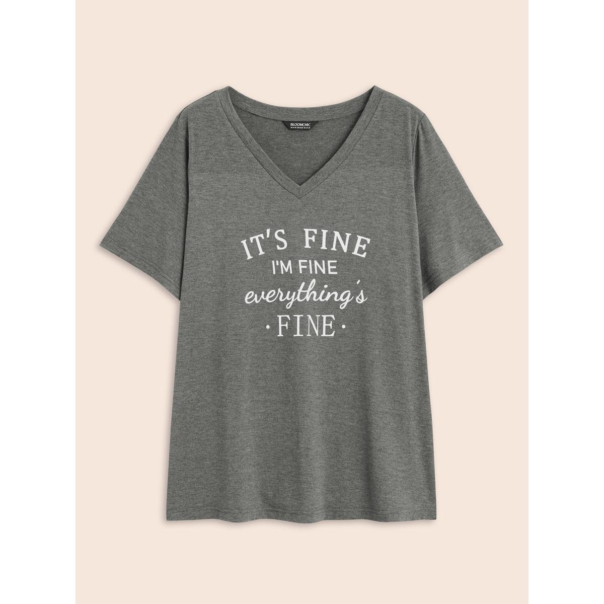 Plus Size Letter Print V Neck T-shirt DimGray Women Casual Positive slogan Dailywear T-shirts BloomChic 18-20/2X Product Image