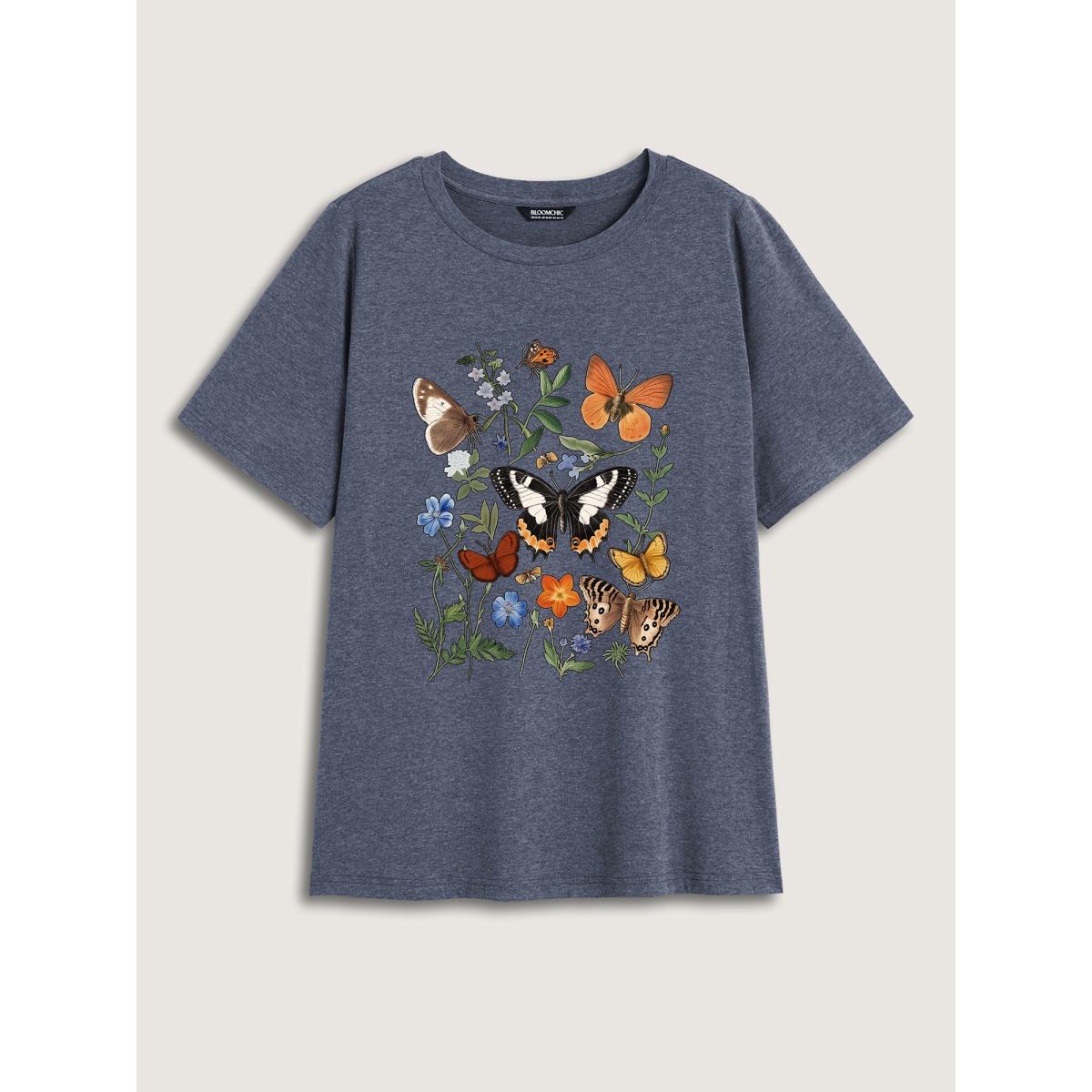 Plus Size Boho Floral Motif Round Neck T-Shirt Indigo Women Non Natural Flowers Round Neck Everyday-Casual T-shirts BloomChic 10/M Product Image