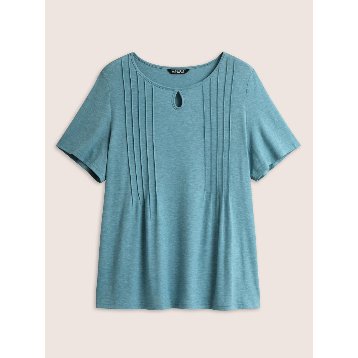 Plus Size Solid Seam Detail Keyhole T-shirt LightBlue Women Casual Pleated Round Neck Everyday T-shirts BloomChic 10/M Product Image