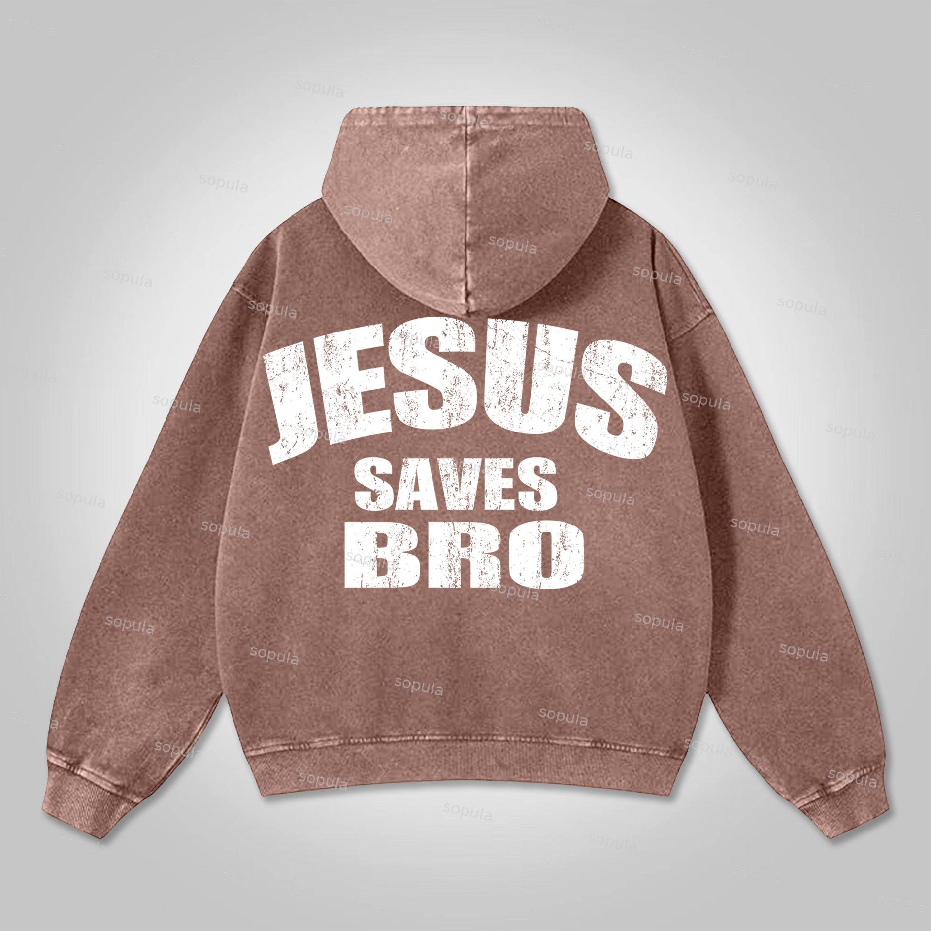 Sopula Vintage Jesus Saves Bro Print Washed Hoodie Product Image