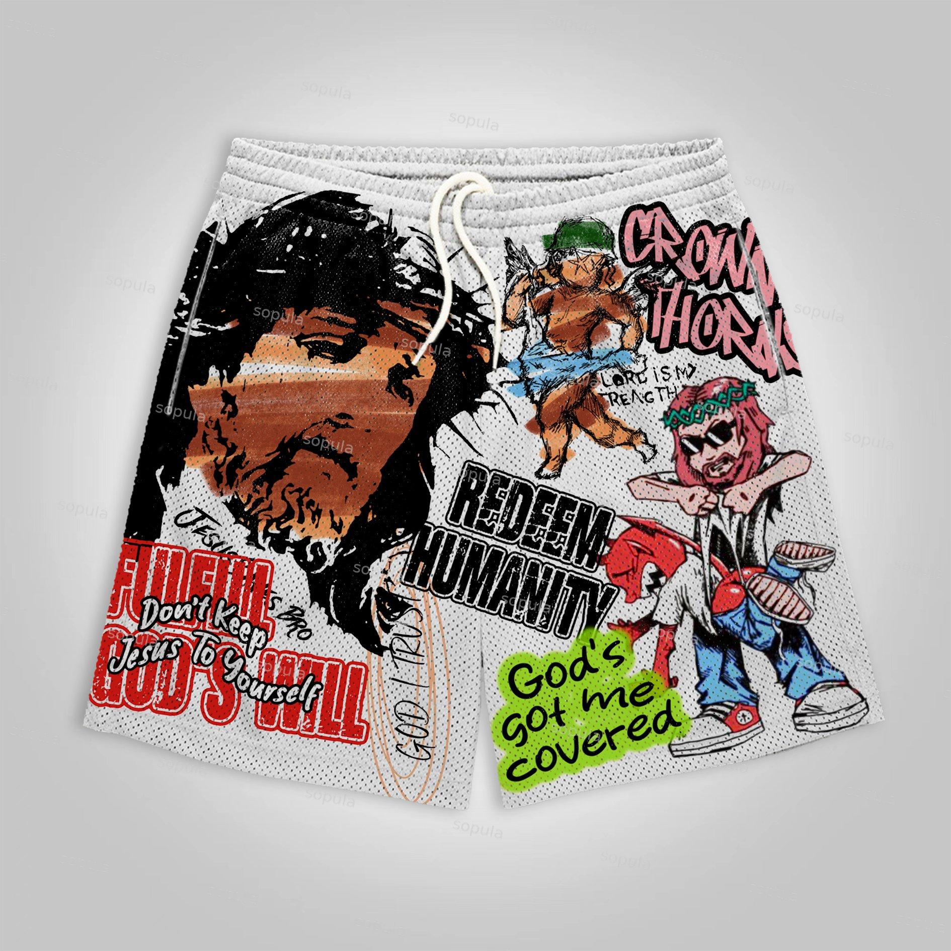Sopula Graffiti Jesus Retro Graphic Mesh Shorts Product Image