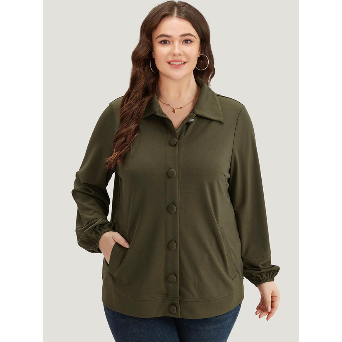 Plus Size Plain Slant Pocket Button Up Elastic Cuffs Jacket Women ArmyGreen Elastic cuffs Pocket Everyday Jackets BloomChic 30/6X Product Image