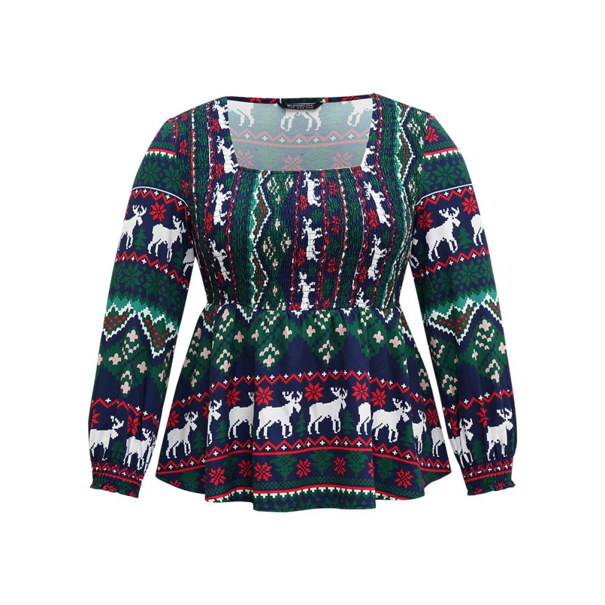 Plus Size Green Christmas Elk Shirred Square Neck Blouse Women Elegant Long Sleeve Square Neck Festival-Christmas Blouses BloomChic 28/5X Product Image