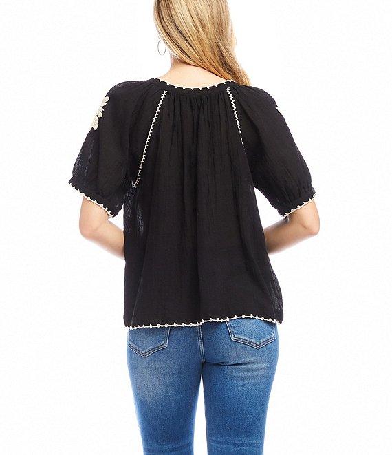 Karen Kane Scoop Neck Short Puff Sleeve Stitched Embroidery Peasant Button Front Top Product Image