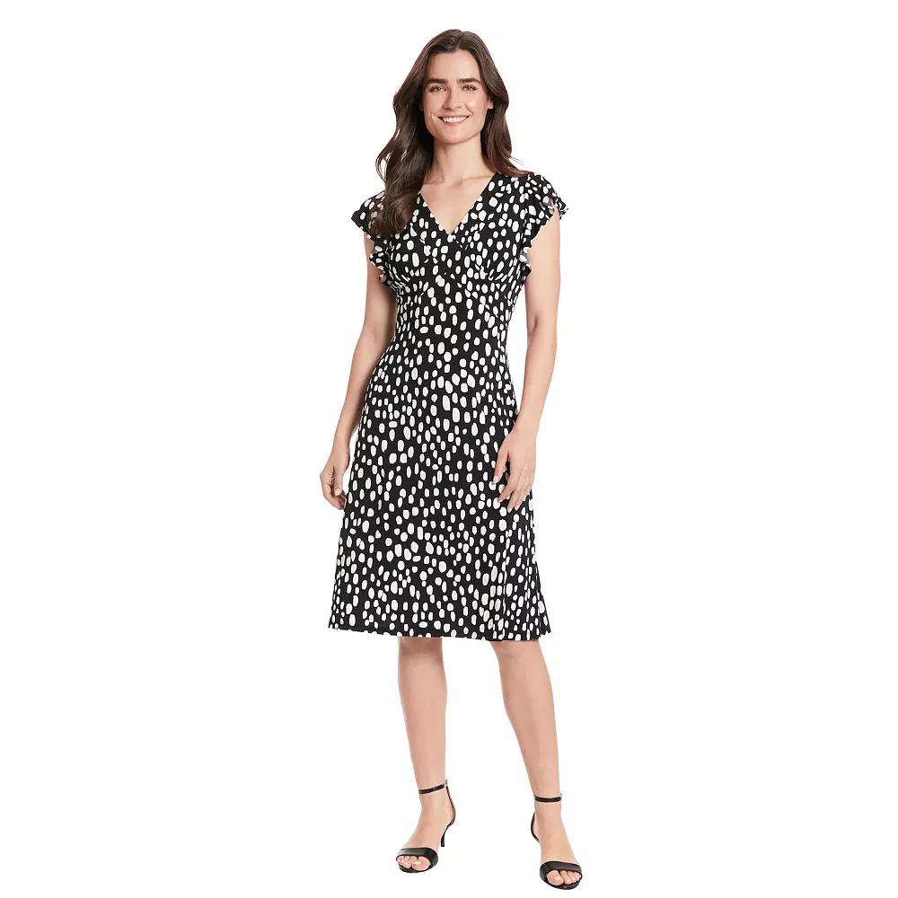 Women's London Times Ruffle Sleeve V-Neck Midi Dress, Size: 12, Black Soft White Product Image