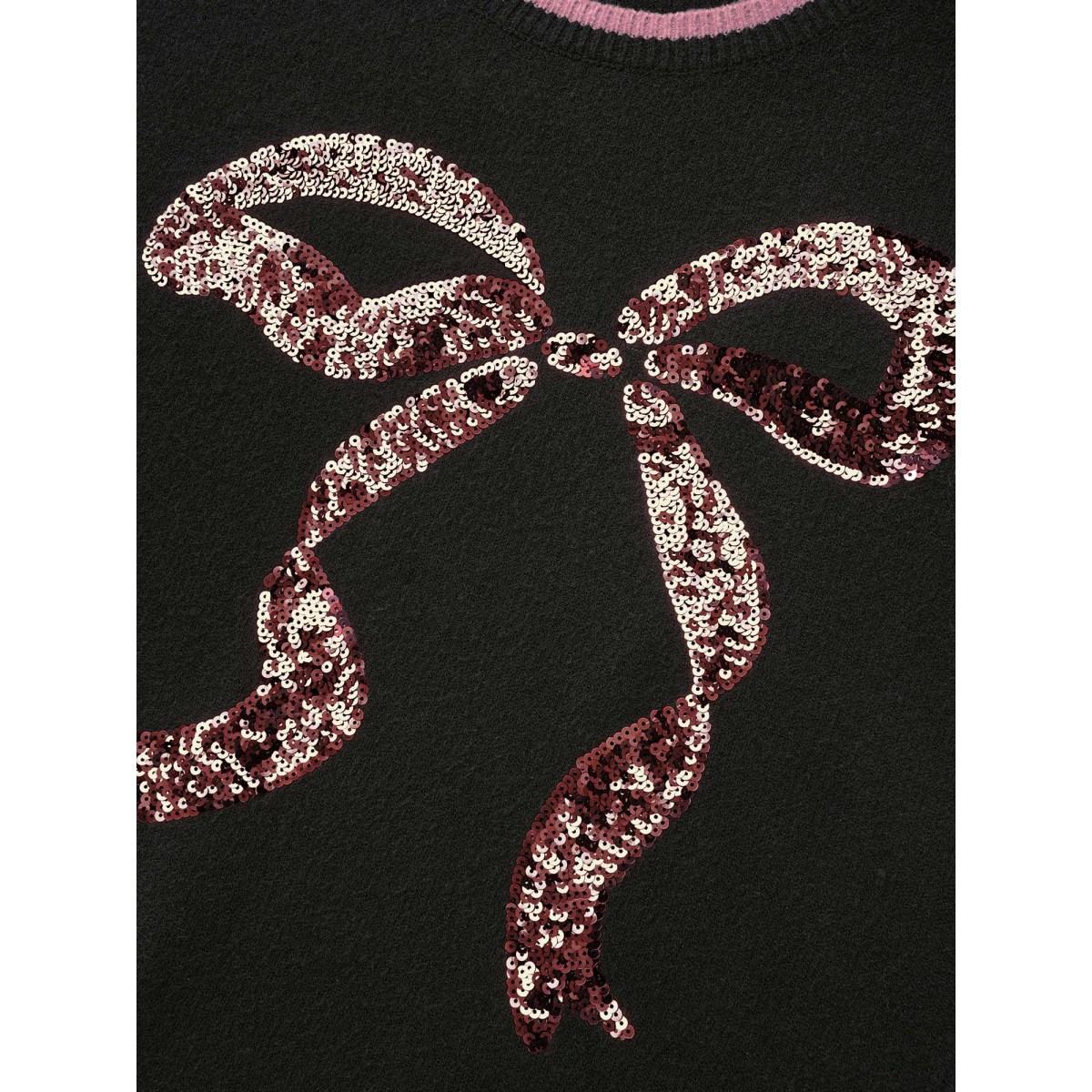 Plus Size Supersoft Essentials Sequin Embroidery Bow Detail Pullover Black Women Casual Loose Long Sleeve Round Neck Everyday Pullovers BloomChic 14-16/1X Product Image