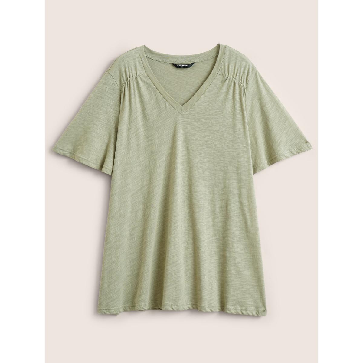 Plus Size Plain Ruffle Sleeve Heather V Neck T-shirt Sage Women Casual Plain V-neck Everyday T-shirts BloomChic 28/5X Product Image
