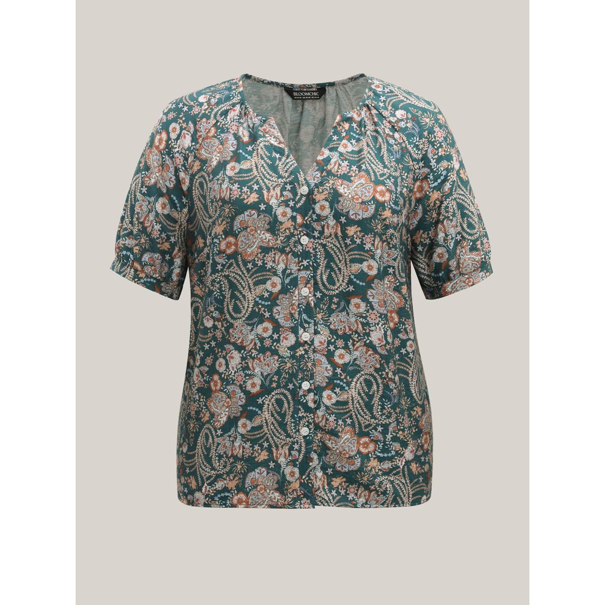 Plus Size Multicolor Paisley Print Button Placket Blouse Women Half Sleeve Round Neck Vacation Blouses BloomChic 30/6X Product Image