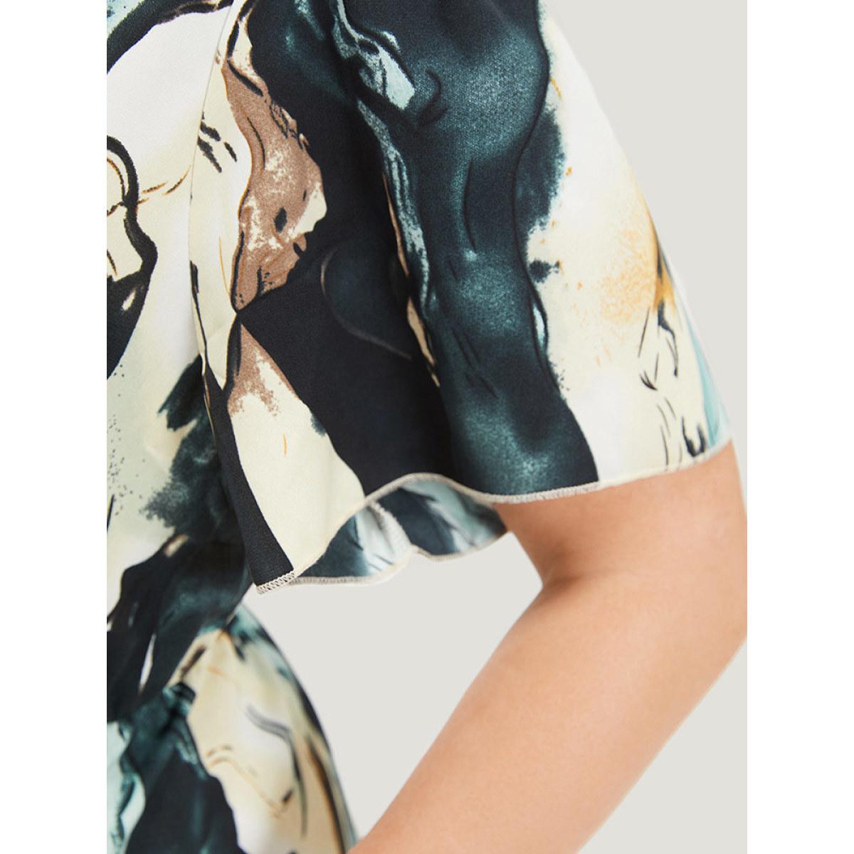 Plus Size Water Ripple Print Ruffles Pocket Guipure Lace Dress Aegean Women Elegant V-neck Short sleeve Curvy Knee Dress BloomChic 18-20/2X Product Image