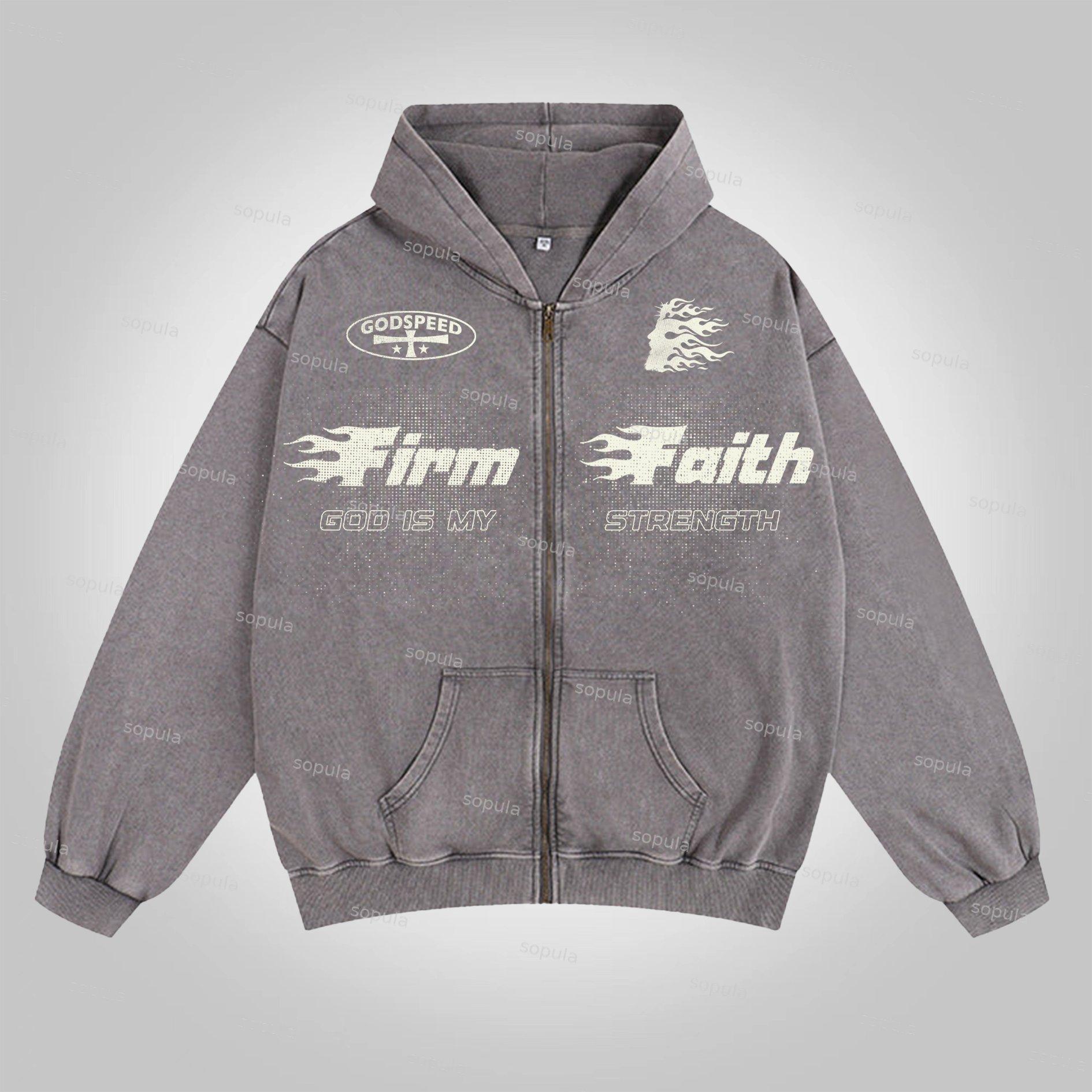 Sopula Flame Jesus Silhouette Vintage Graphic Washed Zip-Up Hoodie Product Image