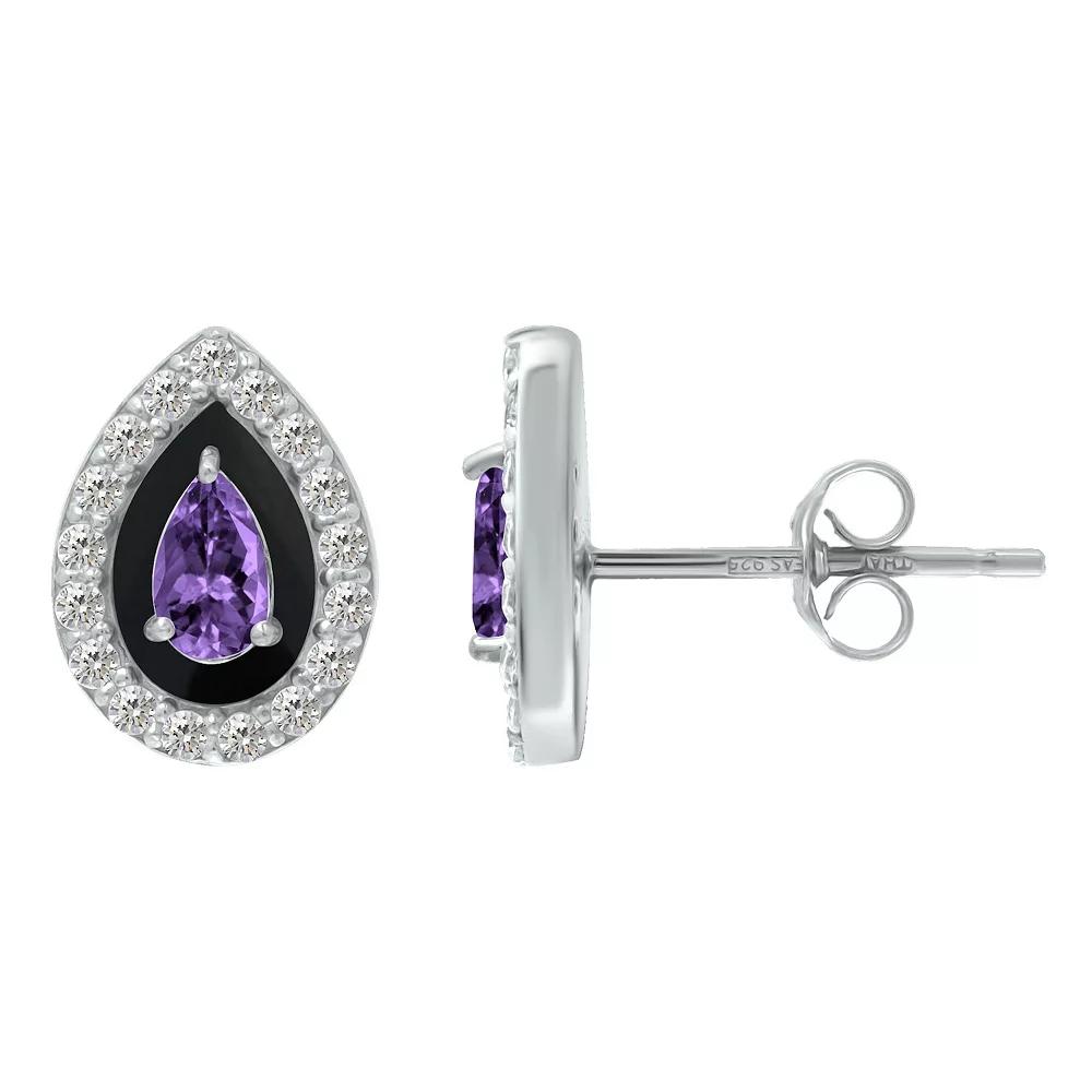Aleure Precioso Sterling Silver Enamel & Cubic Zirconia Pear Shaped Halo Stud Earrings, Women's, Purple Product Image
