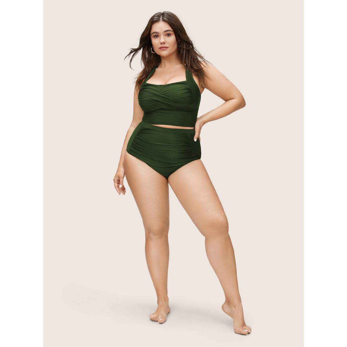 Plus Size Solid Crossover Square Neck Adjustable Straps Swim Top Women's Swimwear ArmyGreen Resort Twist High stretch Skinny Square Neck Curve Swim Tops BloomChic 10/M Product Image