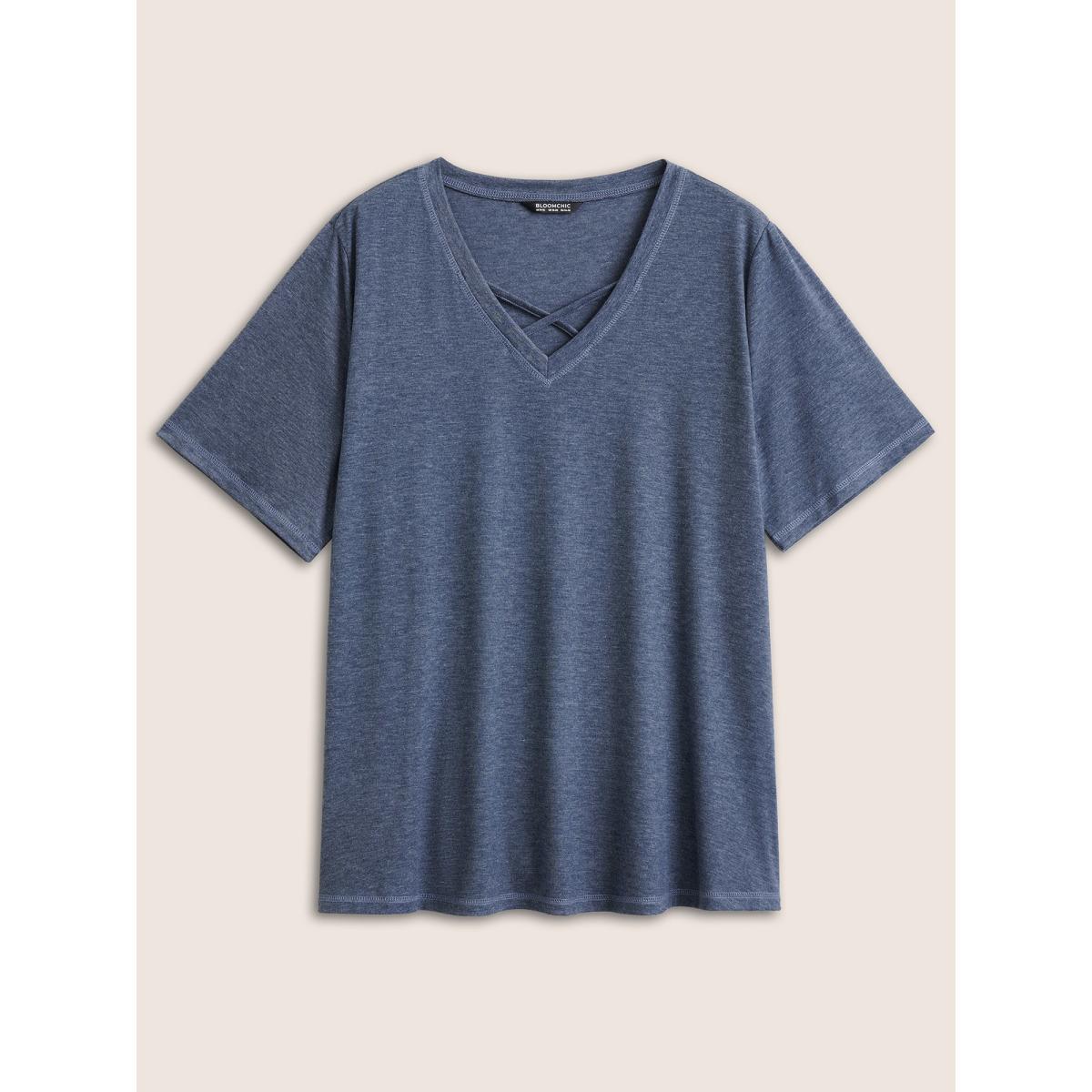 Plus Size Solid Crisscross Neck Contrast Stitch T-shirt DarkBlue Women Leisure Plain V-neck Casual T-shirts BloomChic 14-16/1X Product Image