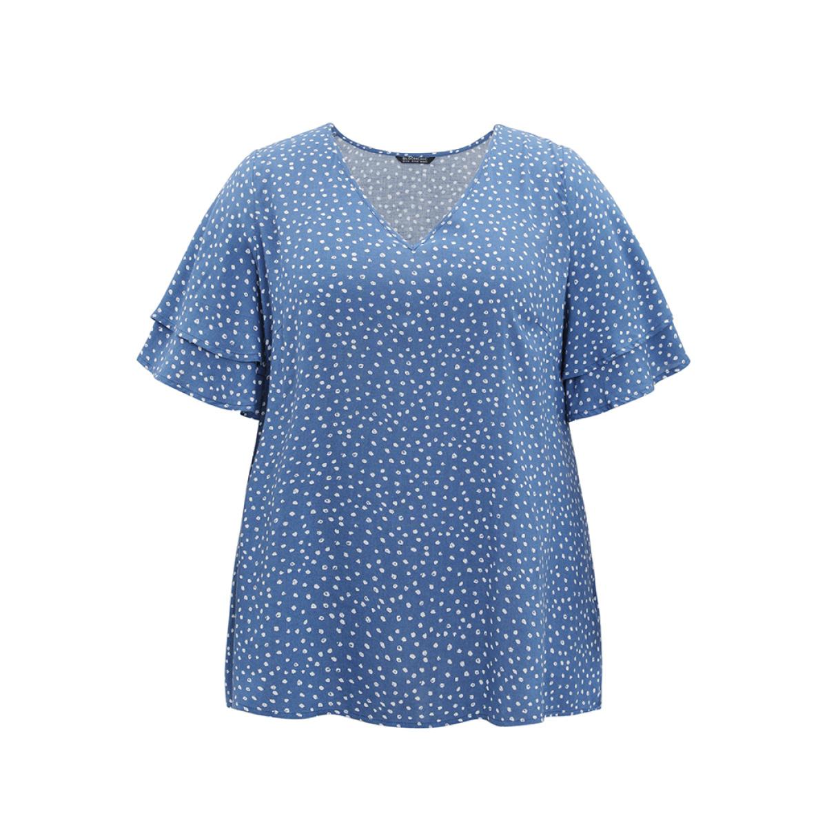 Plus Size Cerulean Polka Dot Flutter Sleeve Layered Blouse Women Elegant Half Sleeve V-neck Dailywear Blouses BloomChic 26/4X Product Image