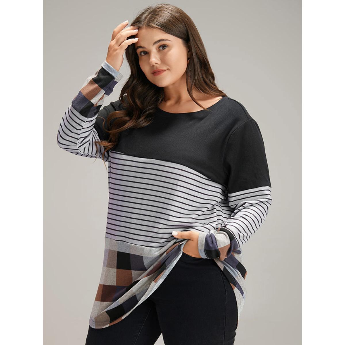 Plus Size Plaid Striped Patchwork Arc HemT-shirt Multicolor Women Casual Contrast Patchwork Round Neck Dailywear T-shirts BloomChic 10/M Product Image