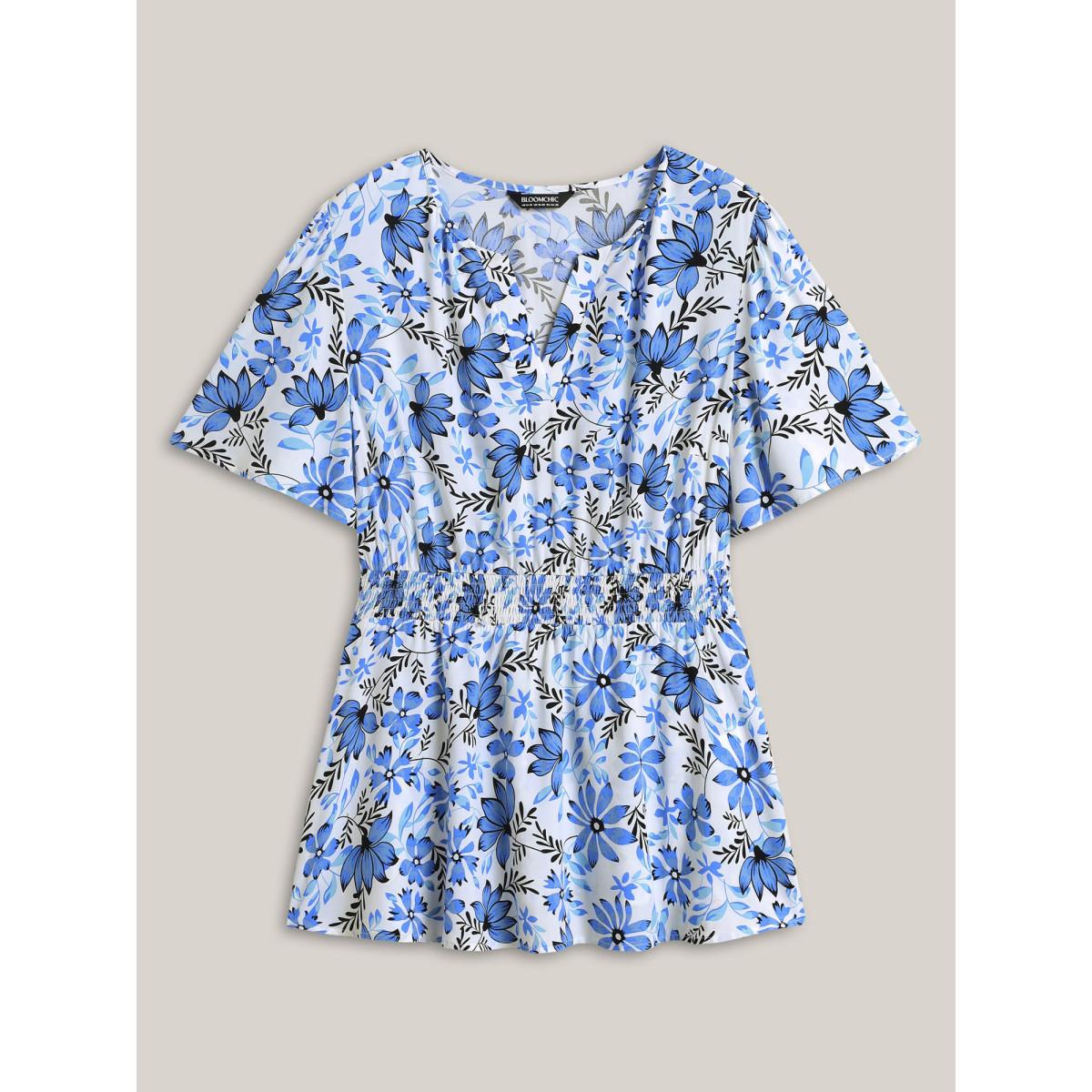 Plus Size Skyblue Floral Notched Collar Shirred Waist Blouse Women Short sleeve Flat collar Everyday-Elegant Blouses BloomChic 14-16/1X Product Image
