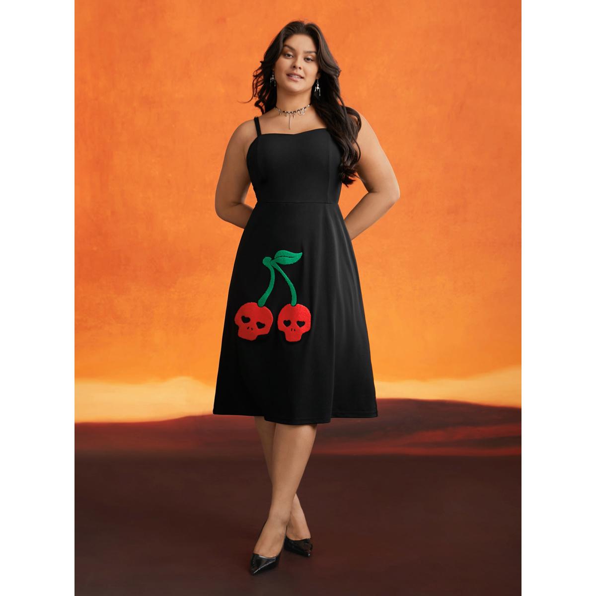 Plus Size Cherry Skull Back Adjustable Straps Midi Dress Black Women Cocktail Tie knot Party Curvy Bloomchic 26/4X Product Image
