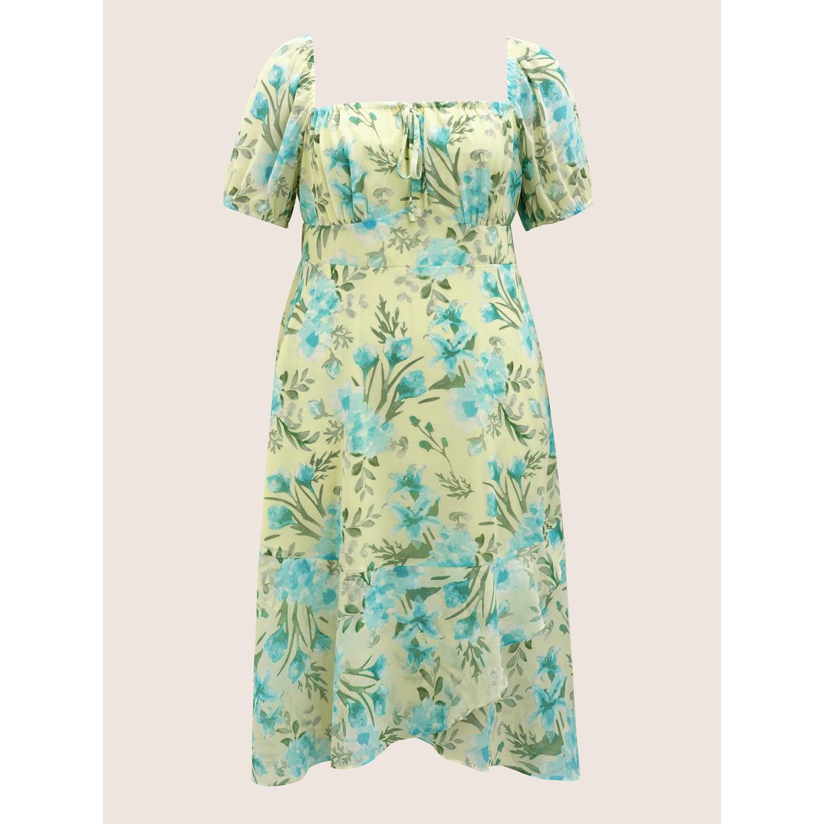 Plus Size Watercolor Floral Drawstring Wrap Hem Dress YellowGreen Women Elegant Drawstring Square Neck Short sleeve Curvy BloomChic 18-20/2X Product Image