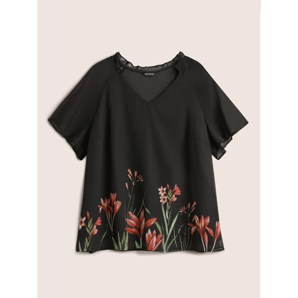Plus Size Black Boho Print Mesh Patchwork Frill Trim Blouse Women Elegant Short sleeve V-neck Everyday Blouses BloomChic 12/L Product Image