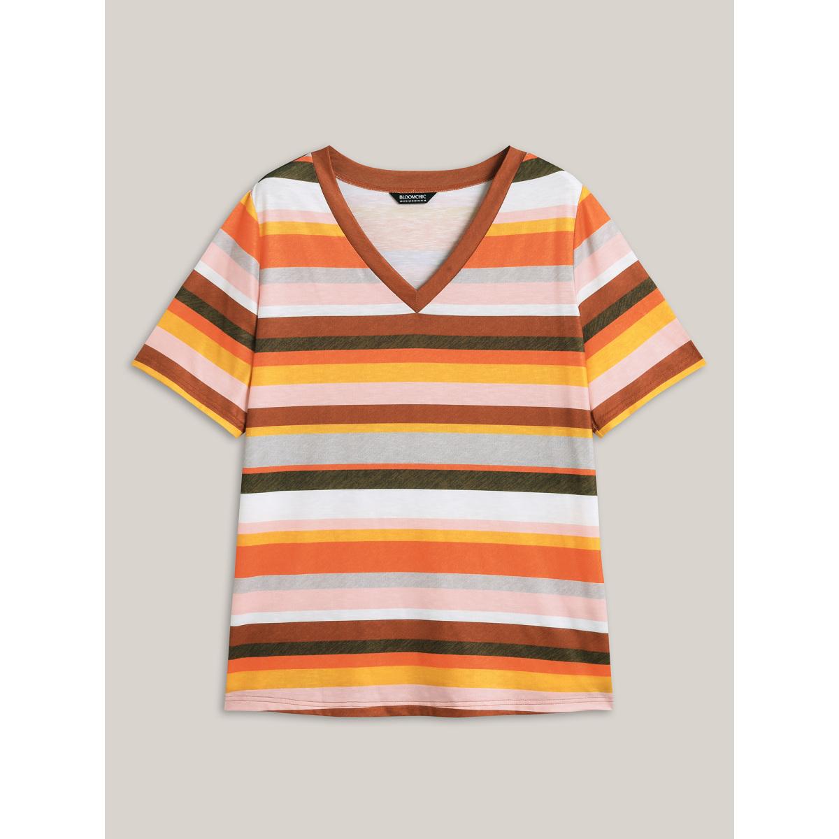 Plus Size Bamboo Stretchy Colorful Stripes T-Shirt Multicolor Women Playful Contrast V-neck Casual T-shirts BloomChic 10/M Product Image