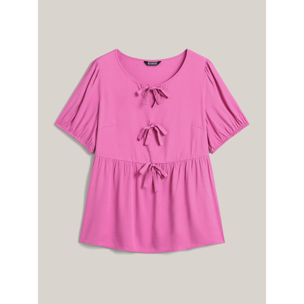 Plus Size Peach Bow Detail Plain Babydoll Puff Sleeve Shirt Women Short sleeve Round Neck Everyday-Elegant Blouses BloomChic 18-20/2X Product Image
