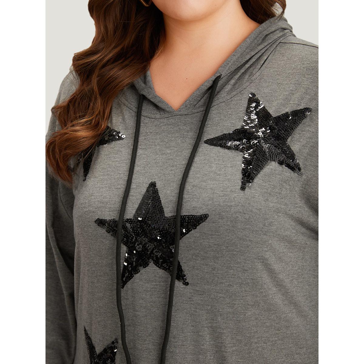 Plus Size Star Sequin Drawstring Pocket Hooded Dress DimGray Women Casual Plain Hooded Long Sleeve Curvy Midi Dress BloomChic 22-24/3X Product Image