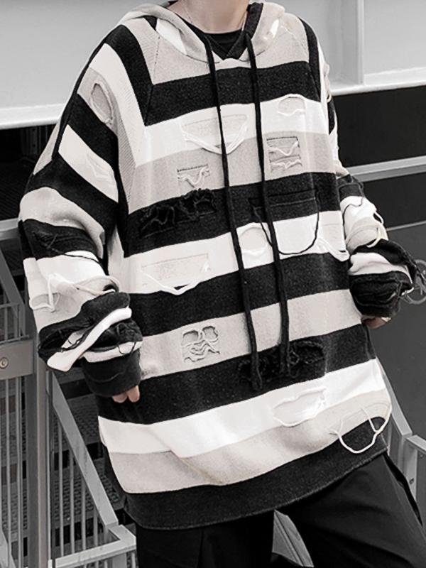 Men's Contrast Striped Ripped Hooded Sweater Product Image