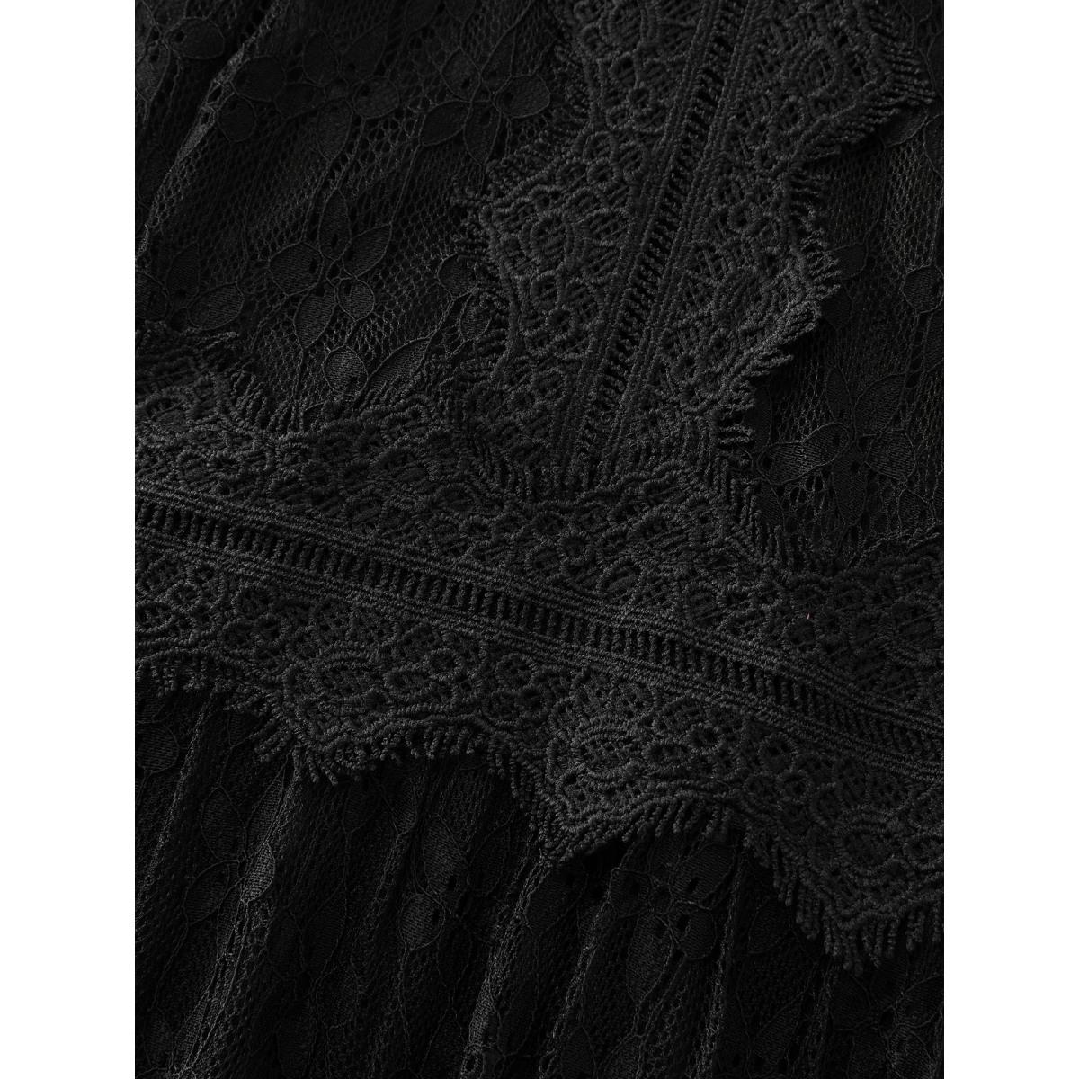 Plus Size Star Lace Trim Shirred Waist Mini Dress Black Women Romantic Texture Round Neck Half Sleeve Curvy BloomChic 26/4X Product Image