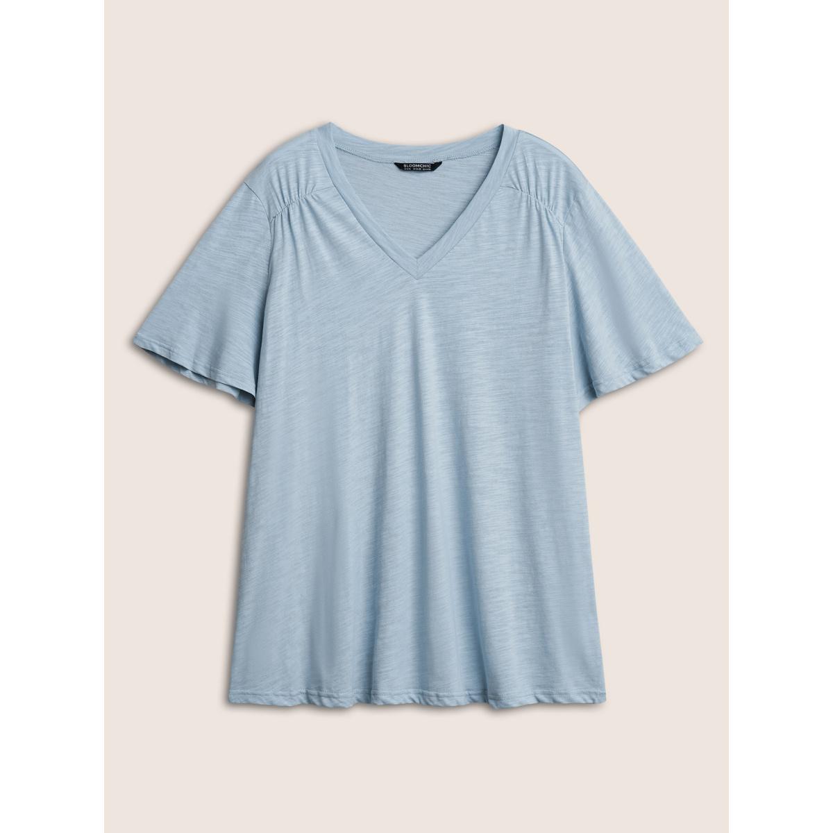 Plus Size Plain Ruffle Sleeve Heather V Neck T-shirt LightBlue Women Casual Plain V-neck Everyday T-shirts BloomChic 18-20/2X Product Image