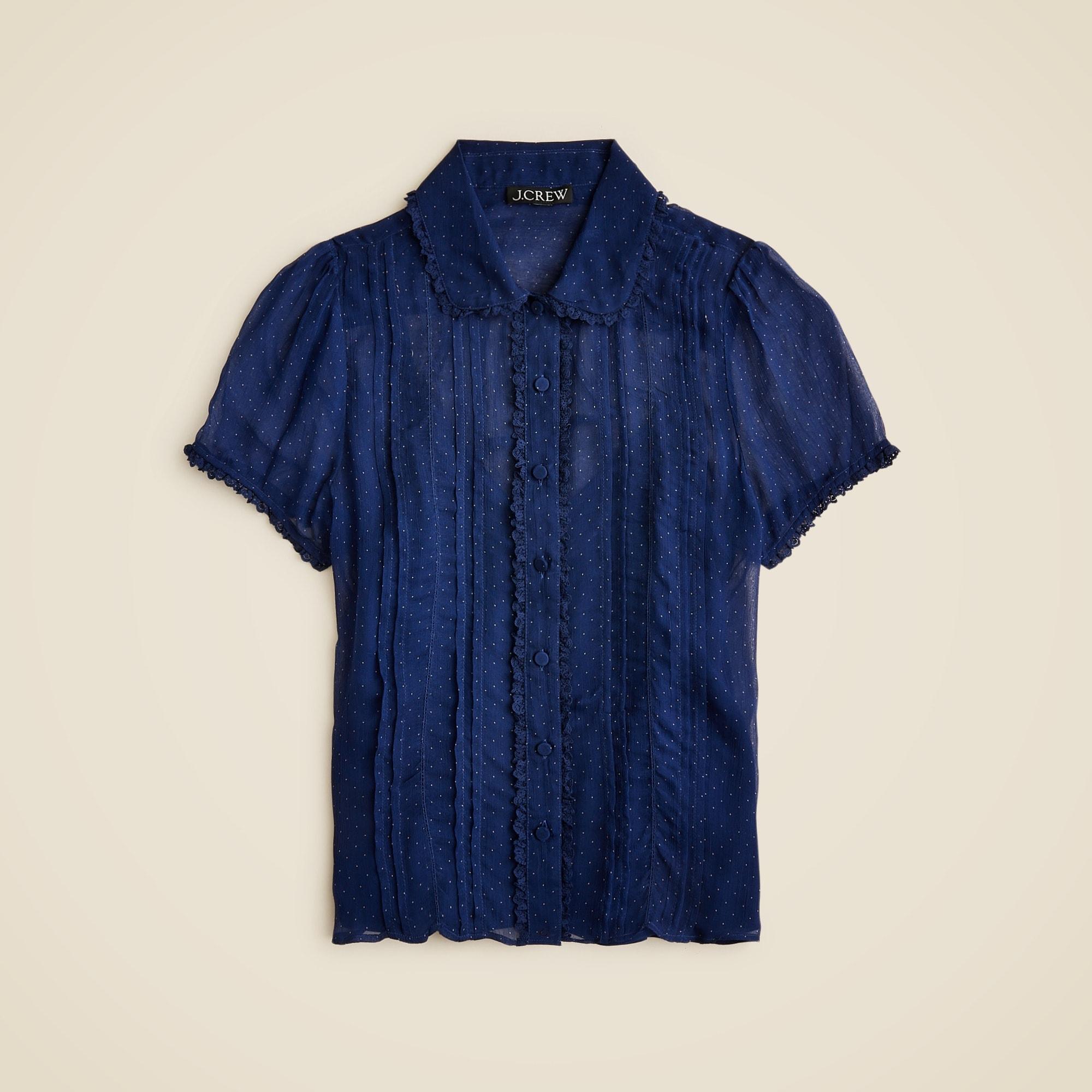 Sheer lace-trim button-up shirt in dot crinkle chiffon Product Image